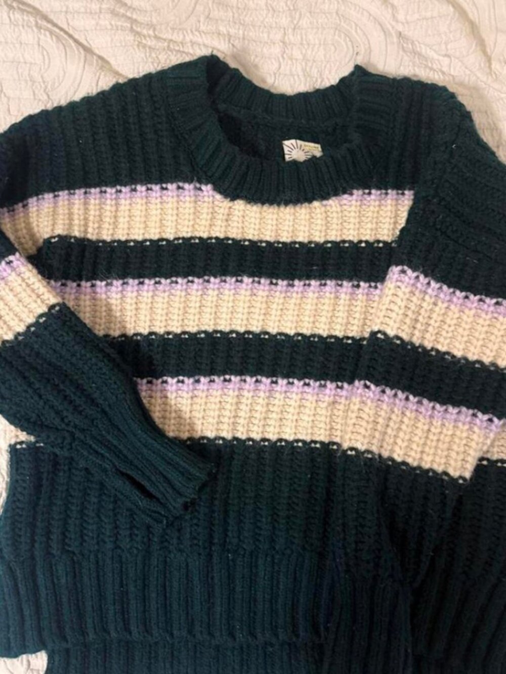Dark Green Cream Lavender Striped Chunky Knit Crew Neck Sweater
